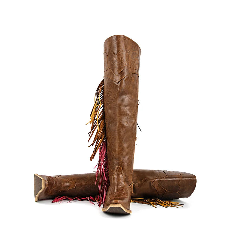 Onlymaker Women Pointed Toe Side Zipper Fringe Western Cowgirl Boots Chunky Heel Adjustable Thigh High Cowgirl Boot