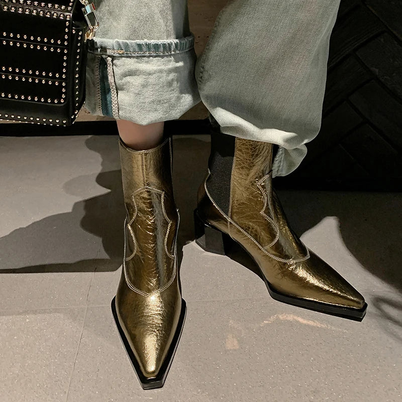Brand Genuine Leather Pointed Toe High Heel Chelsea Boots Women's Winter British Style Coarse Heels Slip-On 33-40