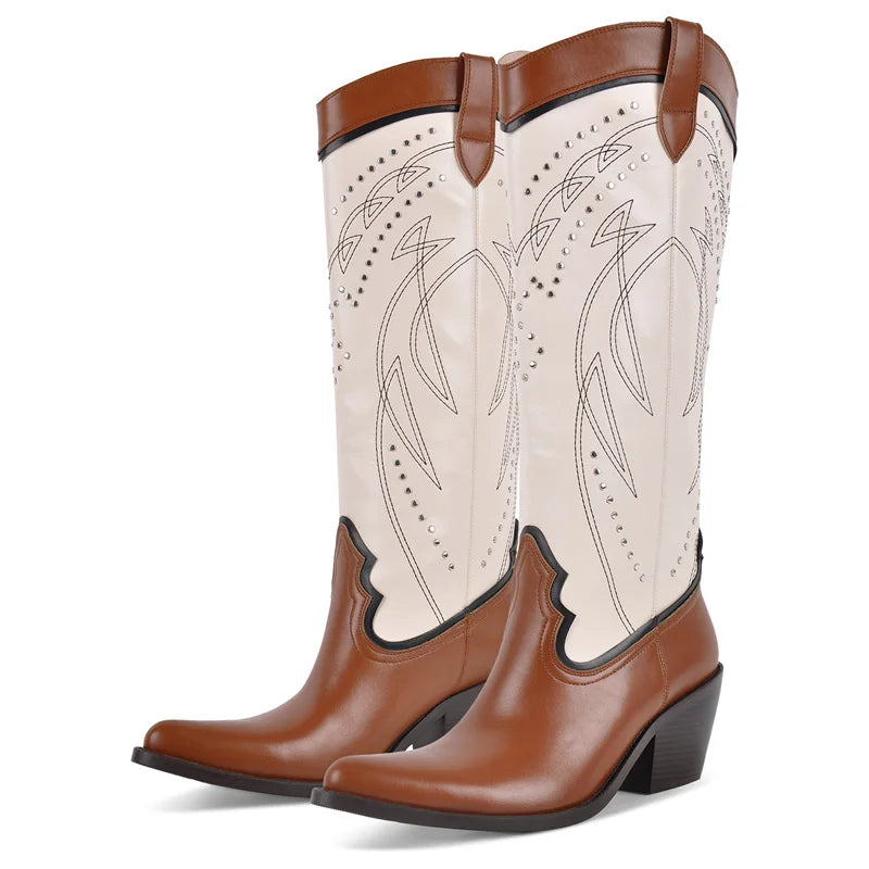 Onlymaker Women Pointed Toe  Embroidery Cowboy Boots Mid Calf  Western Cowgirl Boots