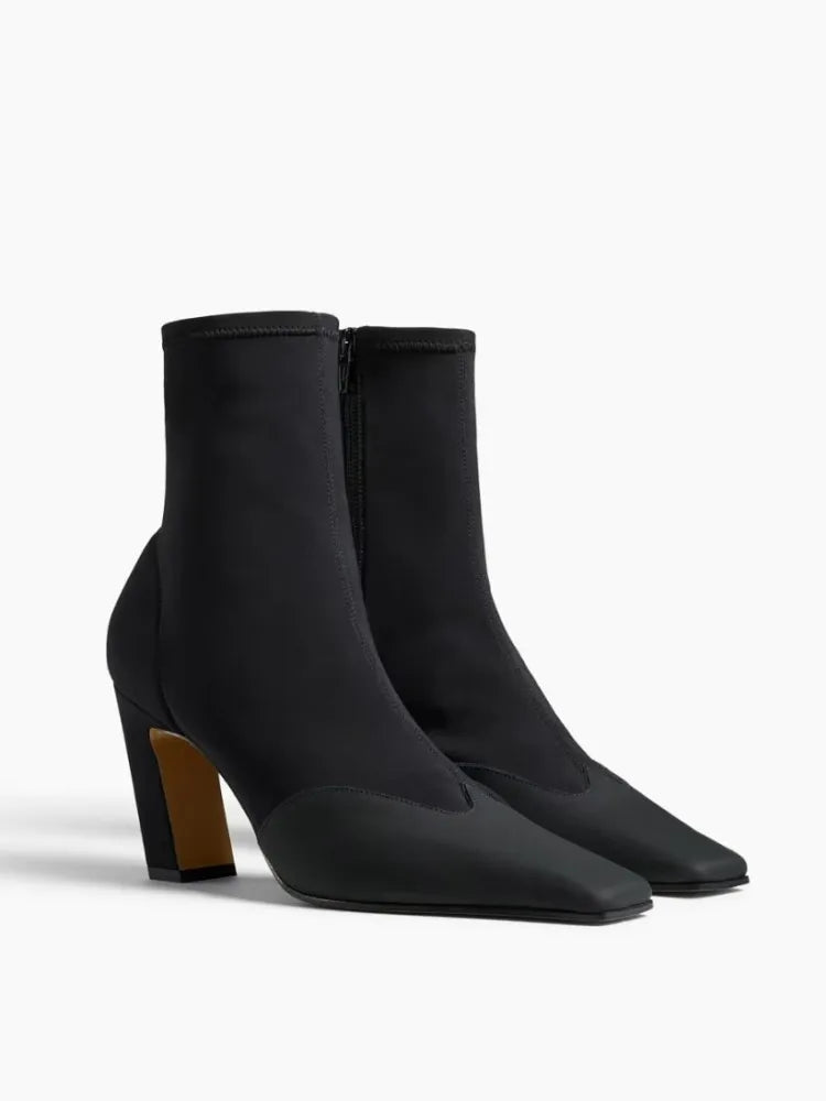 Spring and Autumn Square Head Thick High Heels Women's Short Boots Leopard Pattern Fashion Fashion Show Elastic Short Boots