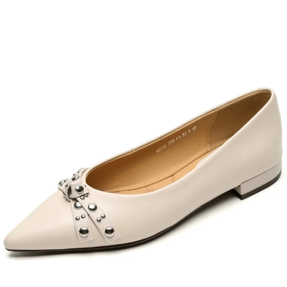 Handmade Genuine Leather Pointed Toe Low Heels Street Wear Slip On Butterfly-knot Decoration Sweet Girl 34-40