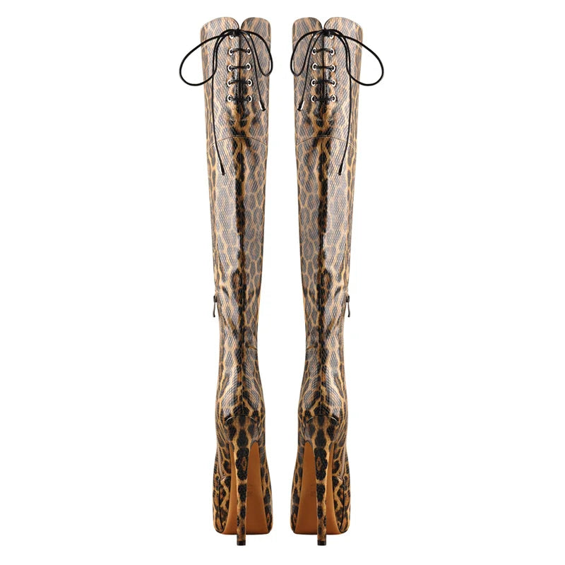 Onlymaker Women Platform Over The Knee High Boots Leopard Print Zip Thin High Heel Big Size Stiletto Sexy Woman Boots