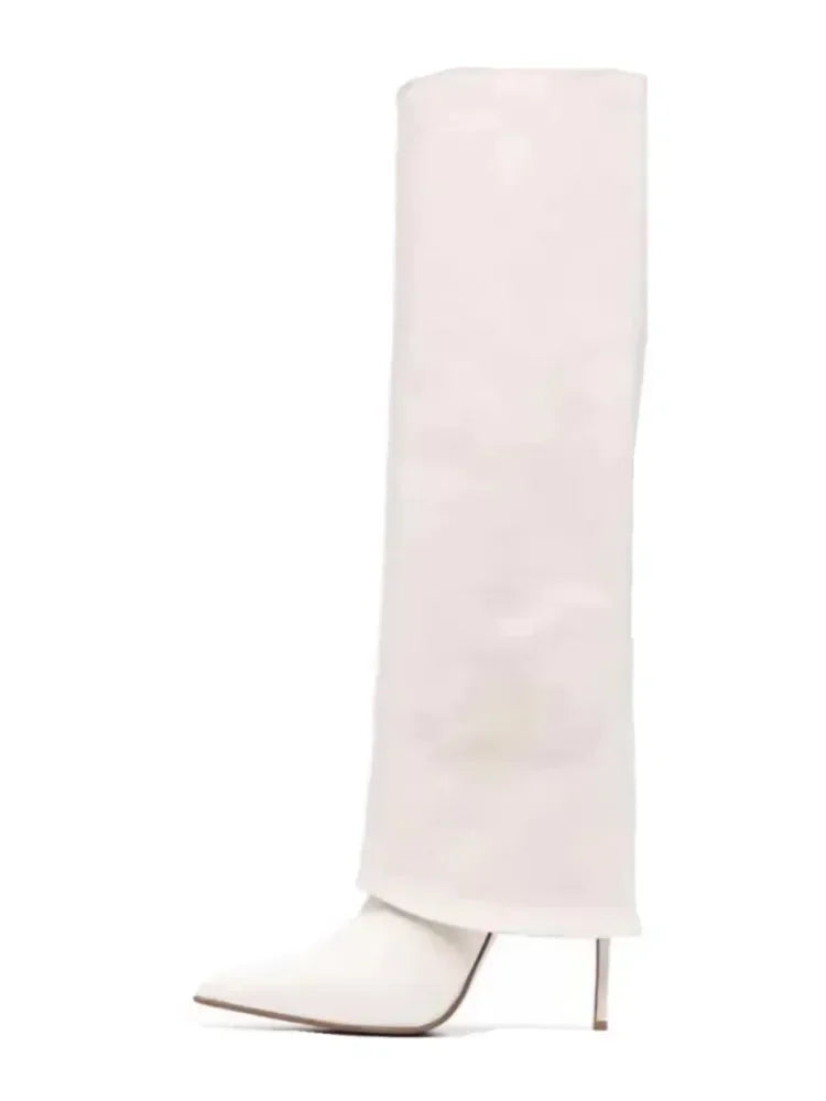 Autumn and Winter New Women's Knee High Leather Boots, Pointed Thin High-heeled Skirt Boots, Black Plus Size Long Boots