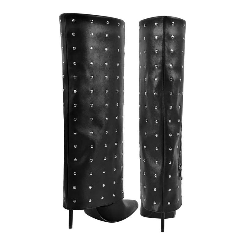 Women Pointed Toe Fold Over Mid-Calf Trouser Tube Slip-On Boots Classic  Pointed Toe Thin High Heels Boots