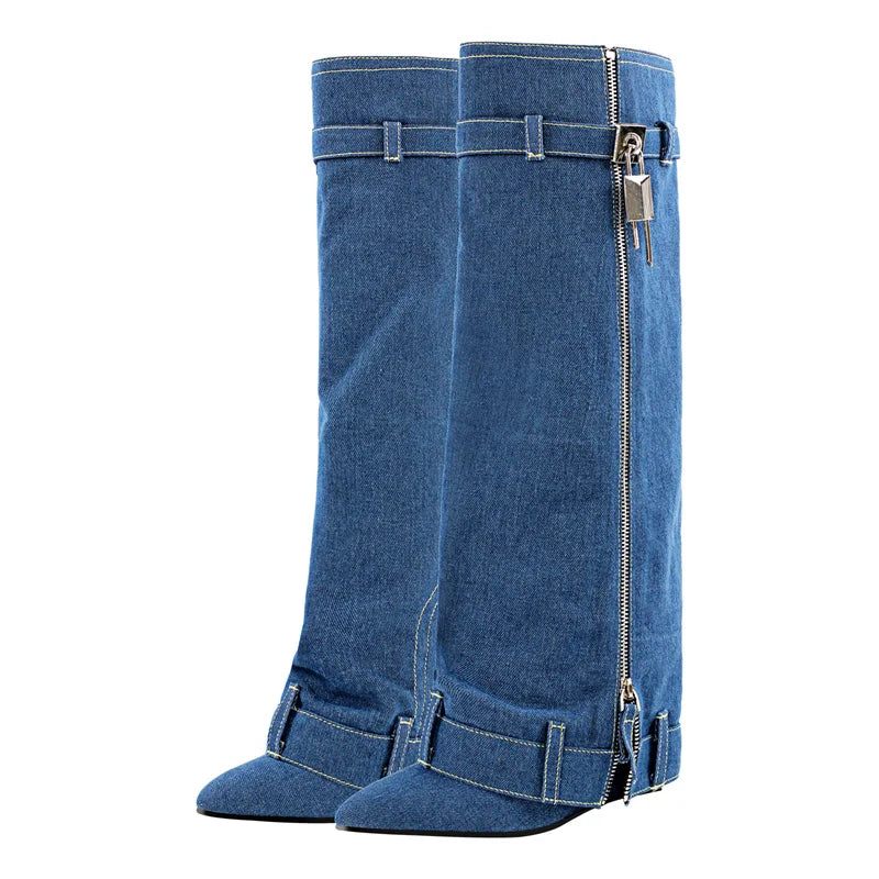 Onlymaker Woman Denim Shark Lock Pants Boots Wedge Fold Knee High Heel Handmade Brand Female Boots