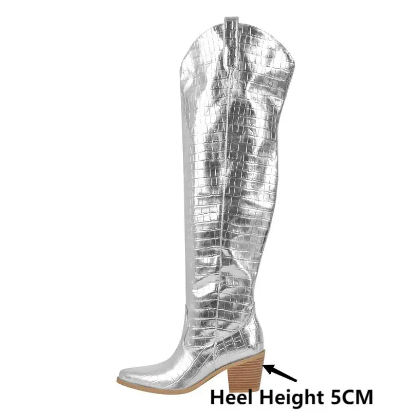 Onlymaker Women Pointed Toe Silver Over The Knee Boots  Chunky Heel Fashion Handmade Female Boots