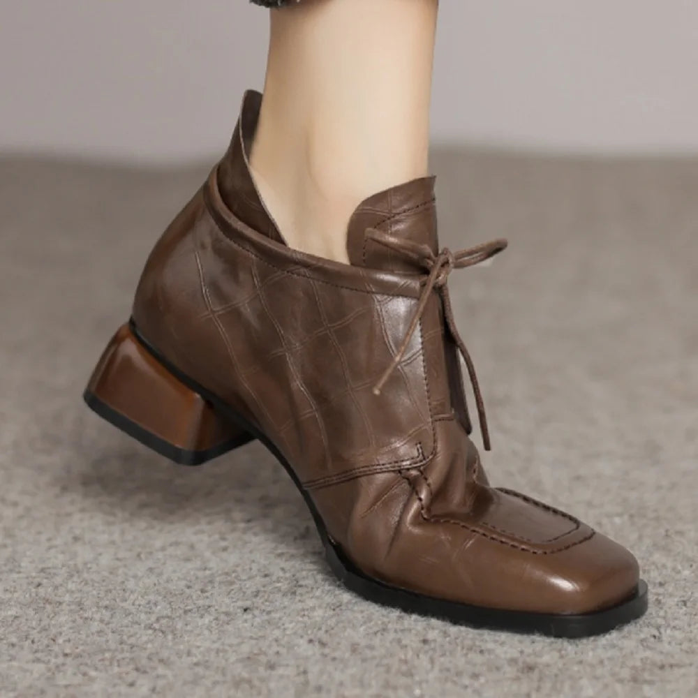 Women's Handmade Genuine Leather Shoes Medium Heel Comfort Retro Literature And Art Cross-tied Pumps Shoes 34-41