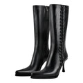 Women Pointed Toe Black Matte Knee High Boots  Stiletto Sexy  Kitten Heels Side Zipper Winter Boots