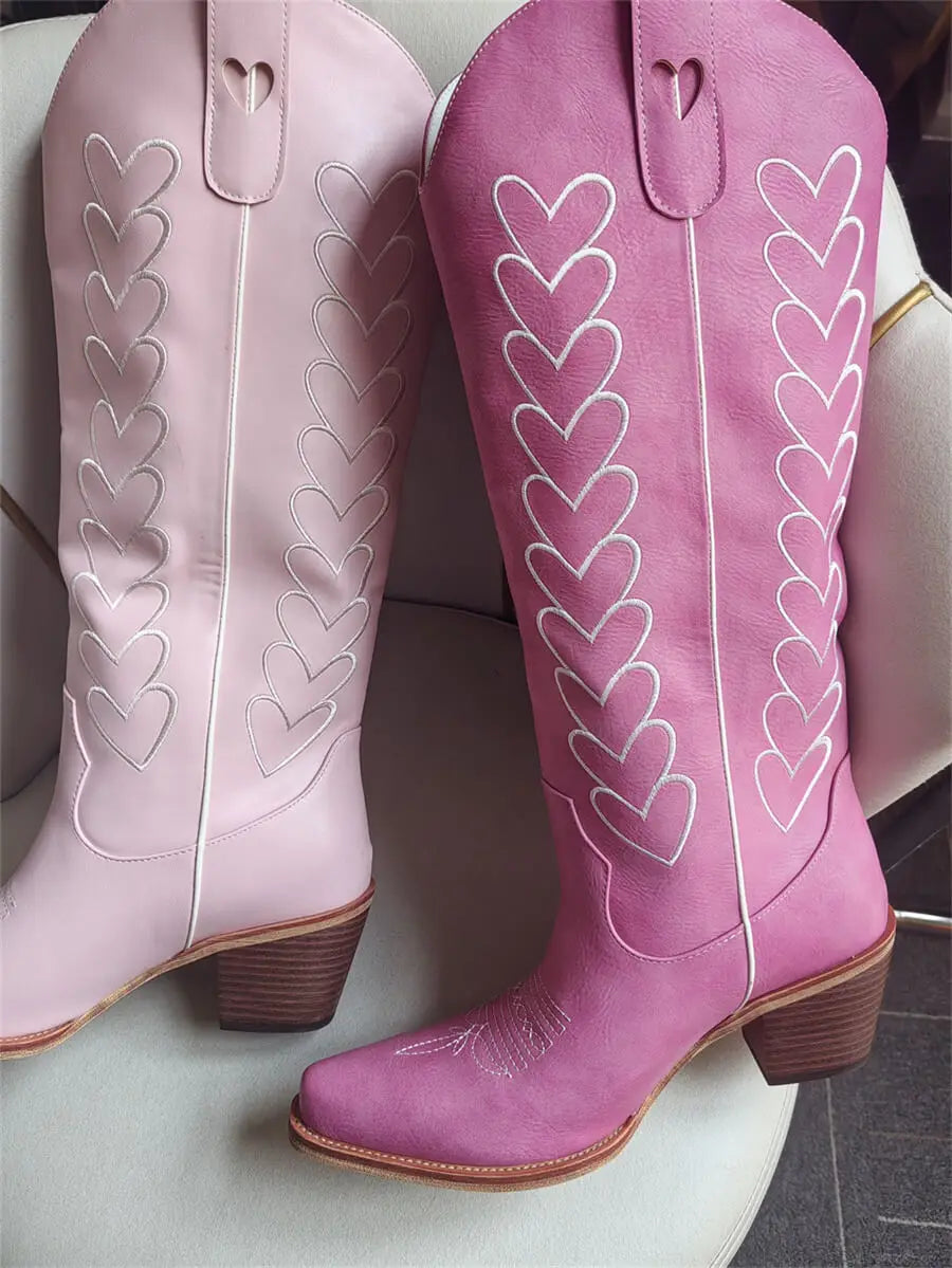 Onlymaker Women Pointed Toe Pull-on Knee High Cowgirl Boots with Big Size Comfy Female Cowboy Boots