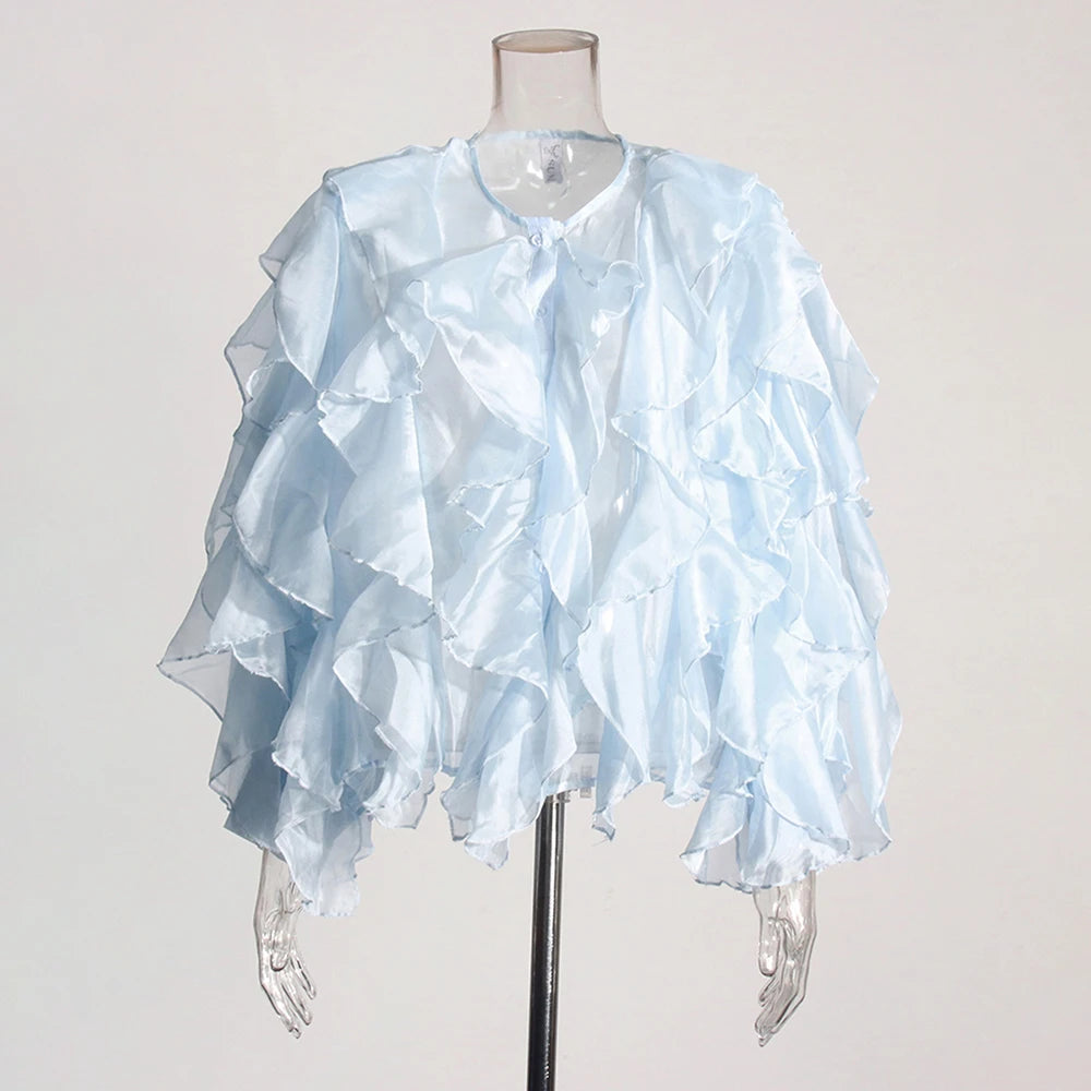 Chic Spliced Ruffles Solid Color Blouse for Women V Neck Long Sleeve Patchwork Sheer Design Loose Shirt Female Fashion Style