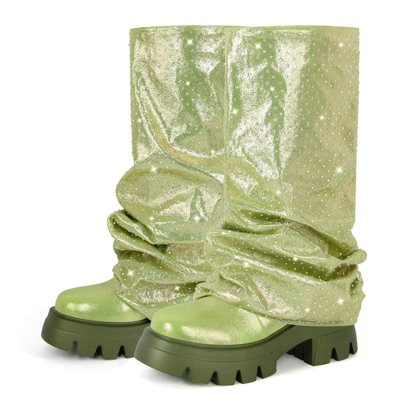 Women  Round Toe Fold Over Mid-Calf Webs Handmade Female Fashion  Pull On Slouch Boots