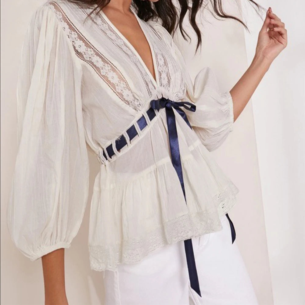 Womens Bow Tie Front Tops y2k Fairy Long Puff Sleeve V Neck Babydoll Peplum Shirts Cute Ruffle Flowy Pleated Blouses Streetwear