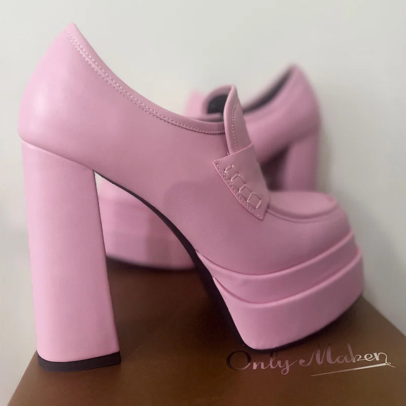 Women Double Platforms Chunky High Heel Loafers Pumps Slip On Comfortable Punk Heels