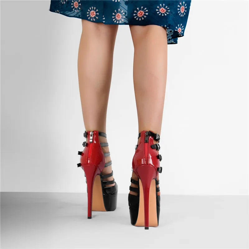 Brand Women Platform Pumps Round Toe Hollow Ankle Buckle Thin High Black And Red Patent Leather Big Size Heels