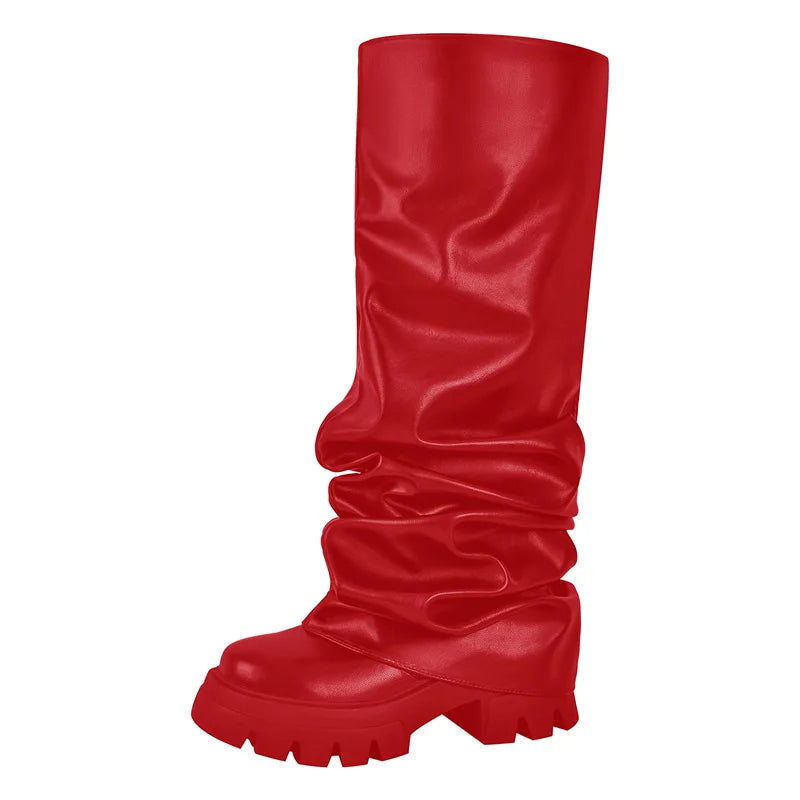 Onlymaker Women Green Round Toe Fold Over Boots Webs Fashion Handmade Female Mid-Calf Boots