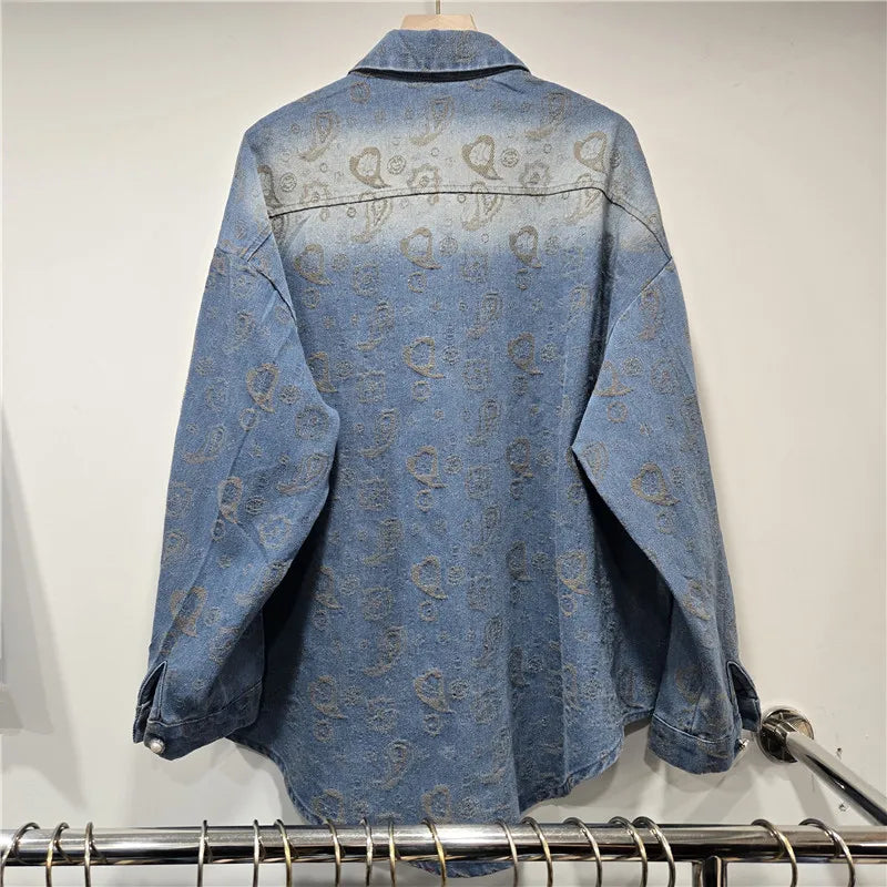 2026 Early Spring New Fashion Casual Regular Jacquard Rhinestone Denim Long Sleeve Shirt For Women Loose Style Top 11A08485