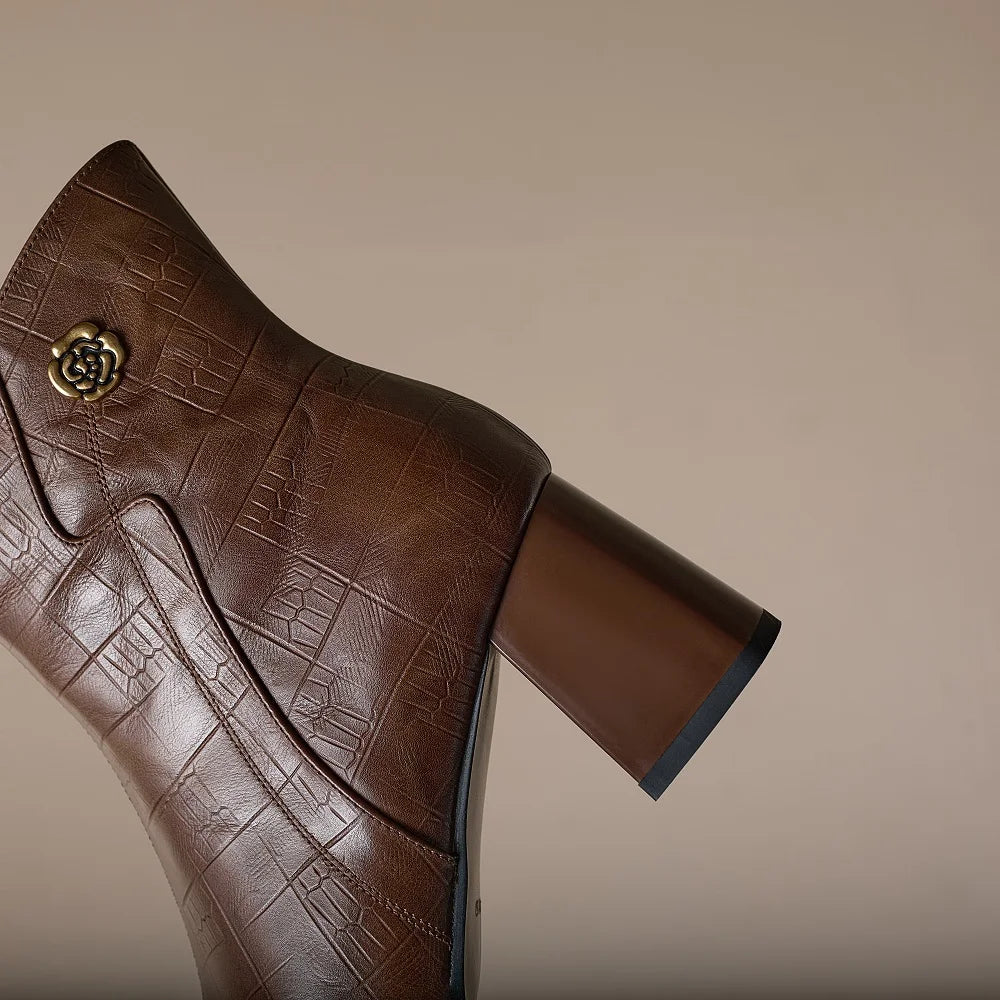 Women's Handmade Genuine Leather ort Boots Metal Square Head High Heel Autumn Winter Slim Fit Street Boots 34-40