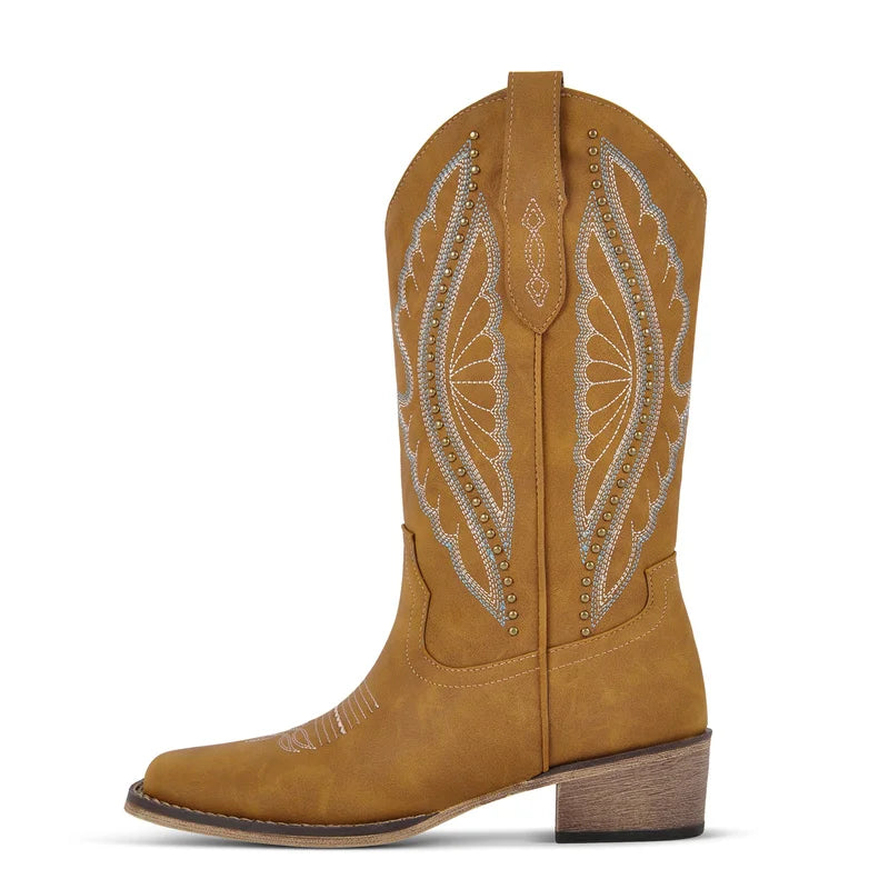 Onlymaker Women Square Toe Cowboy Boots  Wide Calf Cowgirl Boots Embroidered Western Work Boots