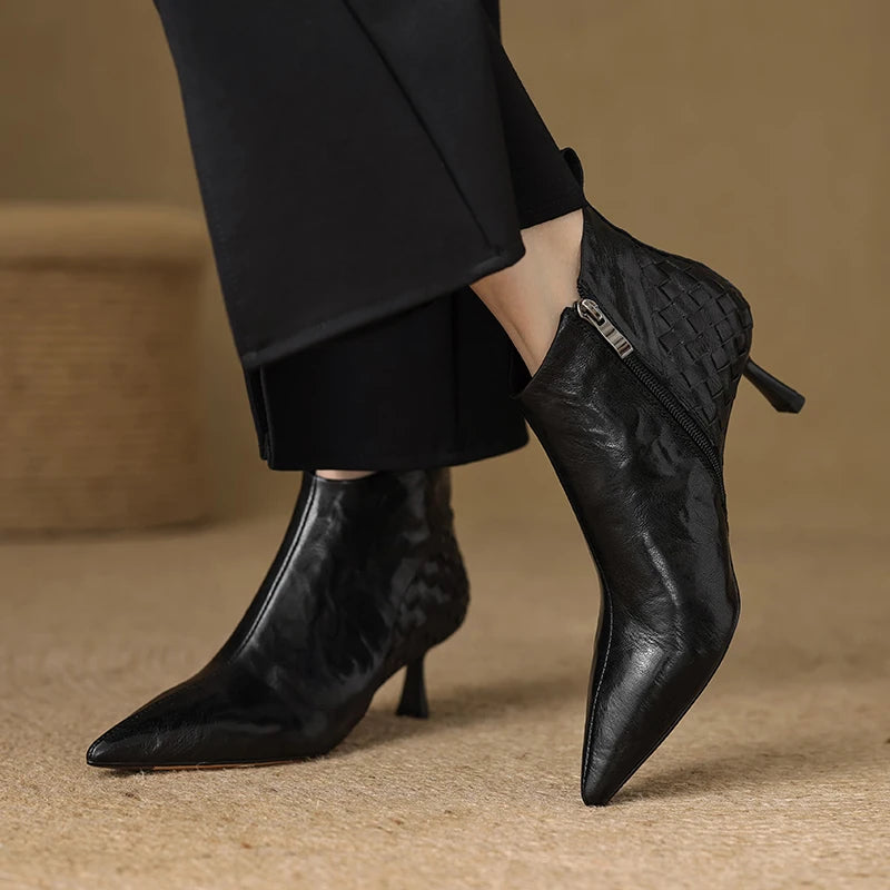 Women's Handmade genuine leather thin high heel pointed toe zip short booties British Style ankle boots