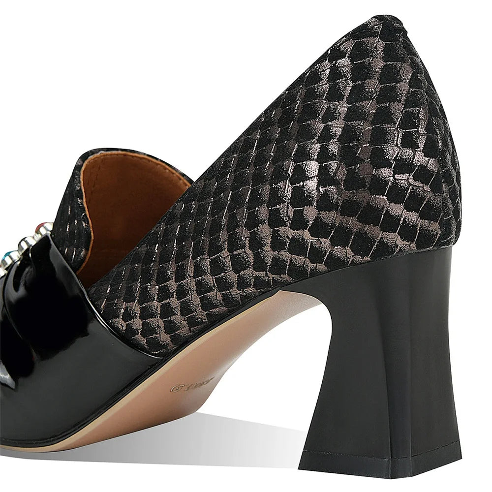 French high heels spring and autumn new deep mouth color matching bow pointed thick heel comfortable shoes 33-43