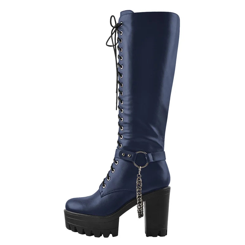 Onlymaker Women Black Matte Platform Front Lace-Up Side Zip Knee High Boots Lady Fashion Classic Big Size Winter Boots