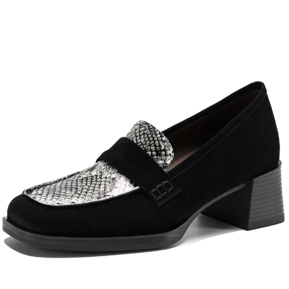 Women Casual High Heels Loafers Genuine Leather Chunky Mid Heels Shoes Spring New Retro Daily Office 34-40