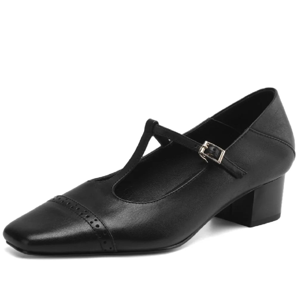 women's Handmade Genuine leather metal buckle slip-on Mary Jane pumps 4cm thick med heel elegant shoes 34-41