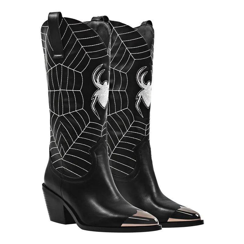Women's Black Pointed Toe  Embroidery Spider Webs Metal Pointed Toe  Fashion Handmade Female Cowboy Boots