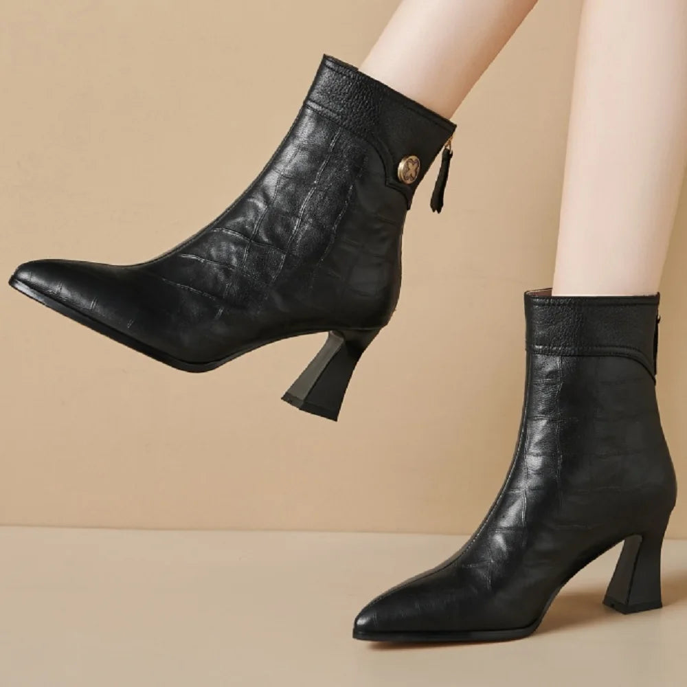 Women Handmade Genuine Leather Soft and comfortable Pointed Toe Chunky Heel Boots 34-40