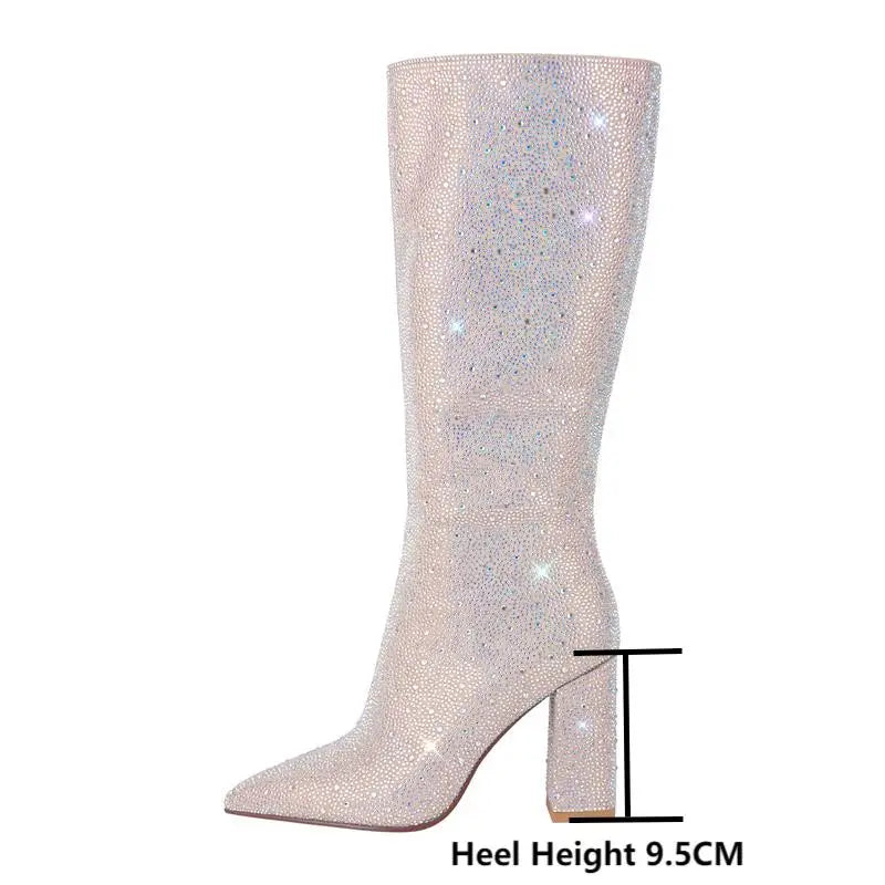 Onlymaker Women Sliver Rhinestone  Knee High Boots Side Zipper Fashion Handmade Chuny Heel Boots