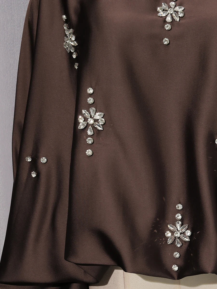 Elegant Retro Loose Blouses for Women Stand Collar Batwing Sleeve Patchwork Diamonds Chic Blouse Female Autumn Clothing New