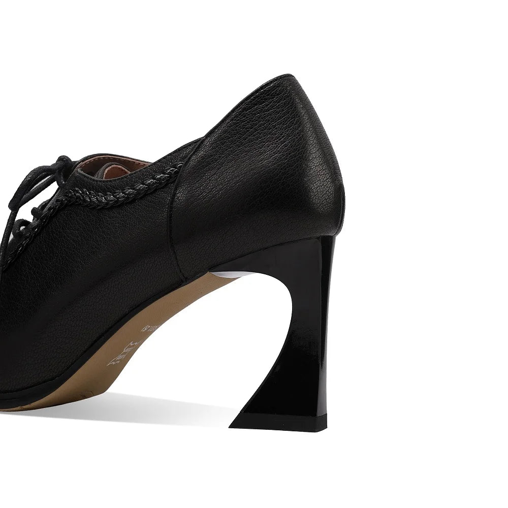 Women Handmade Genuine Leather Pointed Toe Lace-up Thick Heel Platform Retro Classic Spring Autumn 33-43