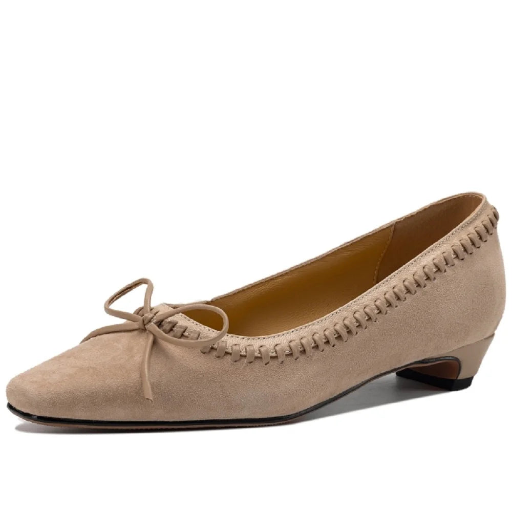Handmade Genuine Leather Square Toe Low Heels Spring Autumn Shoes Beading Preppy Style Sewing Shallow Women Pumps
