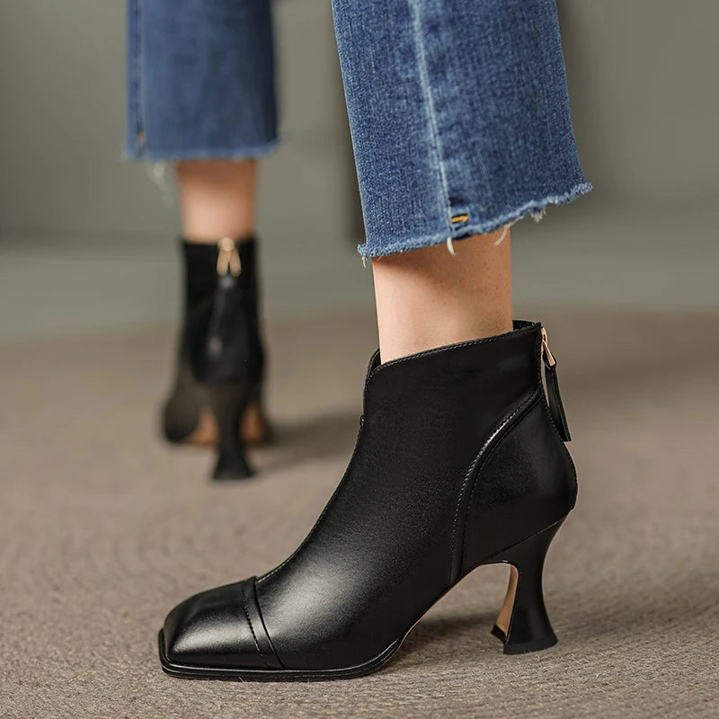New Women's Handmade Genuine Leather High Heel Short Boots Square Toe Bootie Autumn Winter Fashionable Versatile