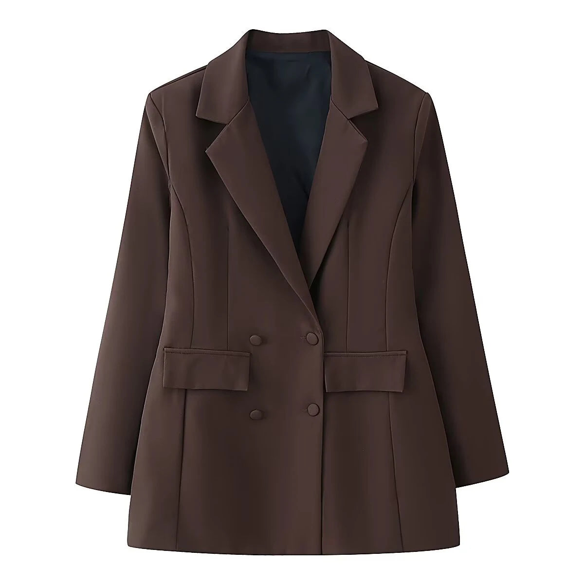 Spring new women's French collar long sleeved double breasted breasted decoration with waist cinching and slimming suit jacket