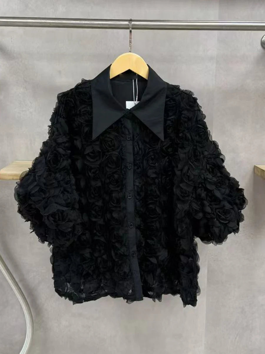 Elegant High End Style Shirts for Women Lapel Half Sleeve Patchwork Petal Stylish Temperament Black Shirt Female Spring New