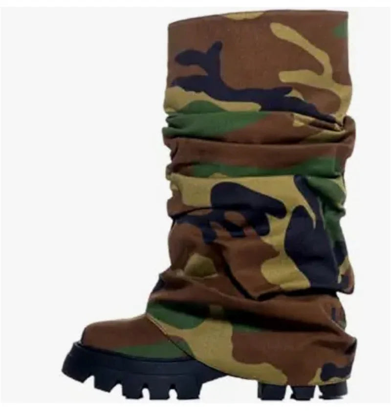 Onlymaker Women Platform  Pleated Fold Over Boots Round Toe Handmade Female Fashion Mid-Calf Boots