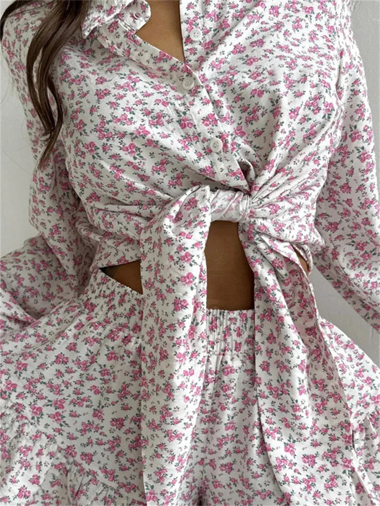 Printed Lace-Up 2 Piece-Set Shorts Outfits Female Lapel Contrast Patchwork Top Cardigan And High Waist Women's Shorts Sets