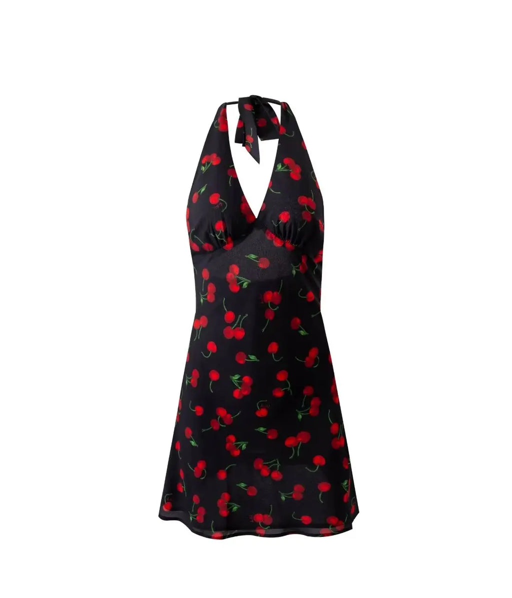 2026 Autumn New European And American Style French Leaky Back Retro Cherry Print Halter Dress Street Style Women's Floral Skirt