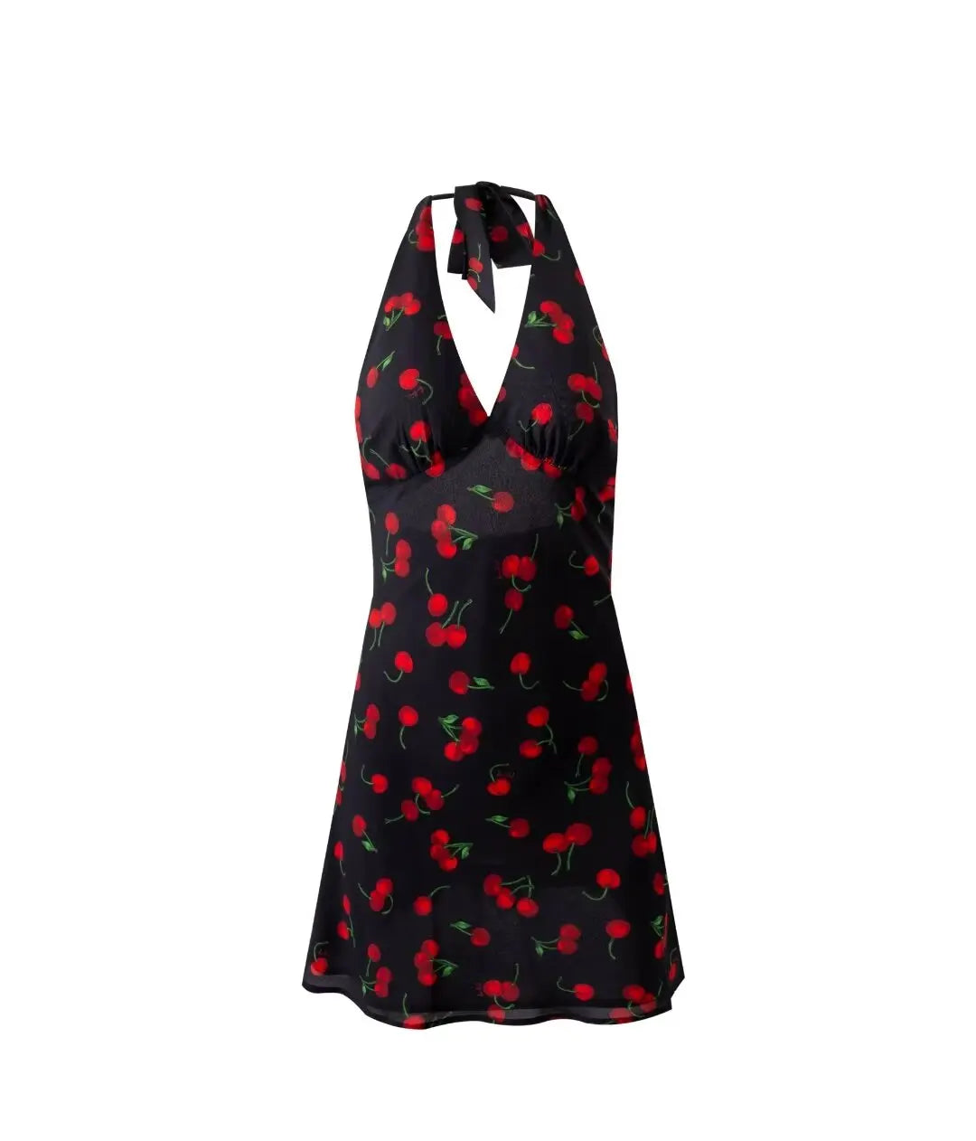 2026 Autumn New European And American Style French Leaky Back Retro Cherry Print Halter Dress Street Style Women's Floral Skirt