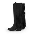 Onlymaker Woman Pointed Toe Black High Wedge Heel Flock Boots Winter Autumn Fashion  Big Size Fringe Boots