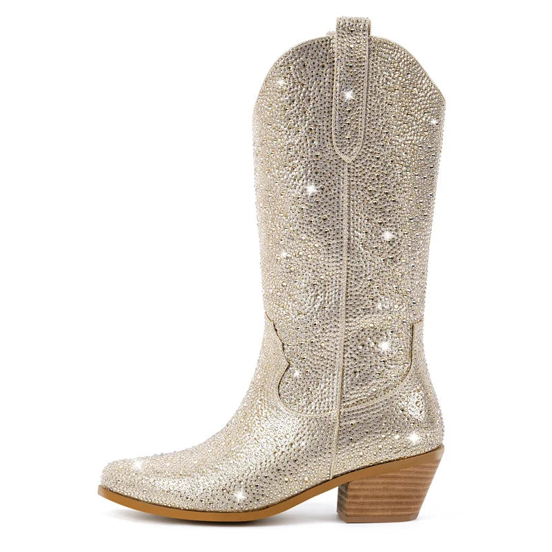 Onlymaker Women Side Zipper Knee High Boots Rhinestone Booties Glitter Bling Shiny Western Pointed Toe Block Heel  Cowgirl Boot