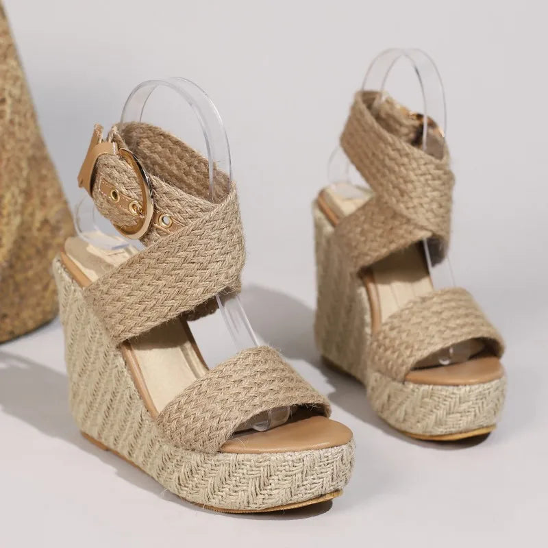 Large Size Platform Sandals Wedge Summer Shoes For Women Wedges High Heels Beige