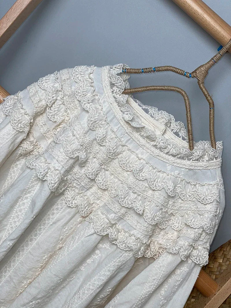 Vintage Cotton Floral Embroidery Layered Ruffled Lace Blouse Female Rococo Victorian Retro Chic Cottagecore White Shirt Tops