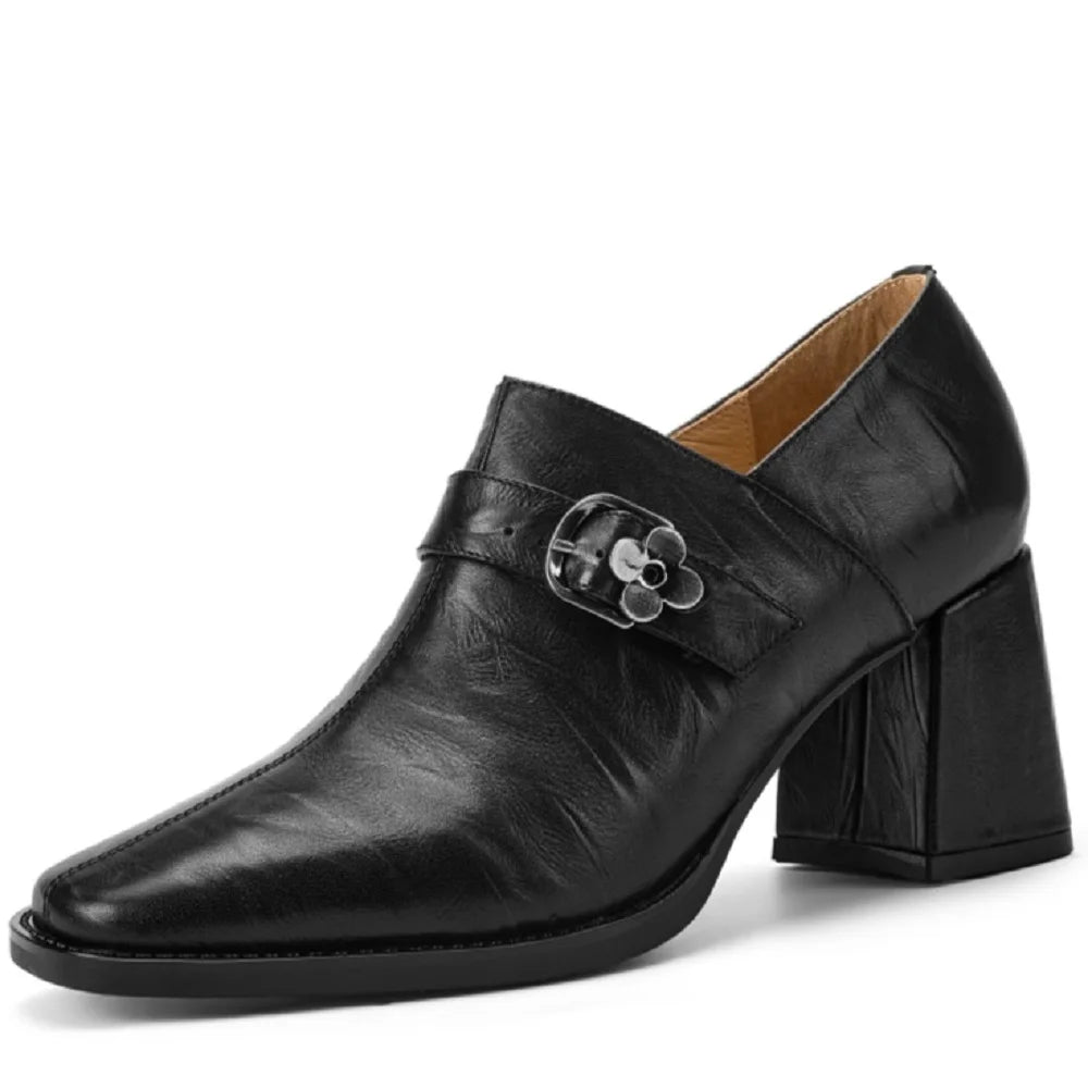 Handmade Soft Genuine Leather Women Elegant Deep Mouth Thick Heels Office Business Dress Waterproof Shoes 34-40