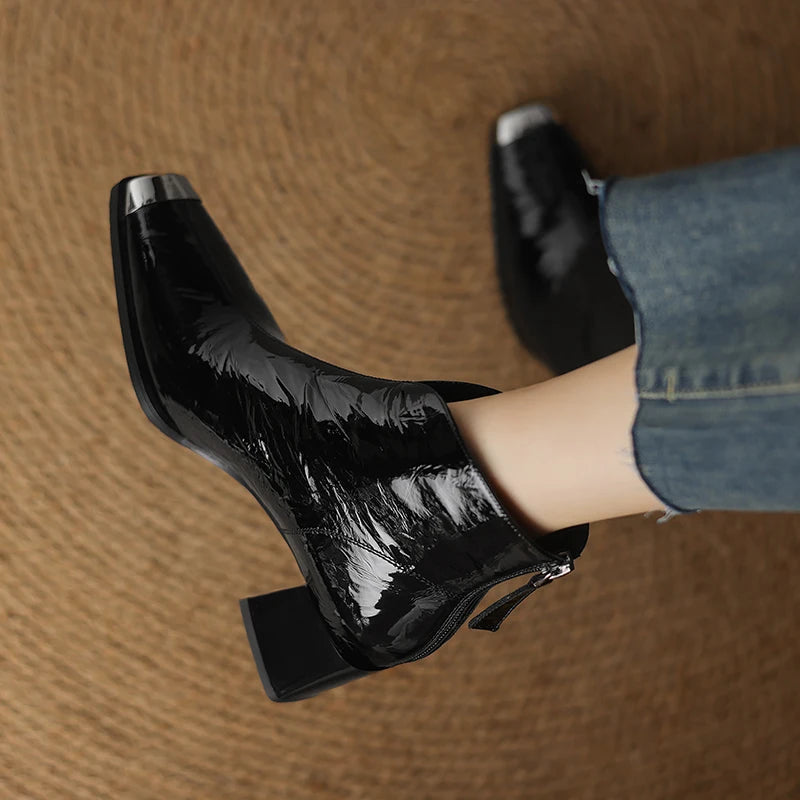 New Brand Handmade Genuine Leather Women Ankle Boots Square Toe  Zipper High Heels Pleated Design 34-40
