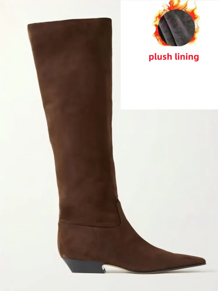 2026 Ladies' Low Heel Knee High Women's Boots Autumn and Winter Square Toe Leather Fashionable 34-46 Large Mid Length Boots