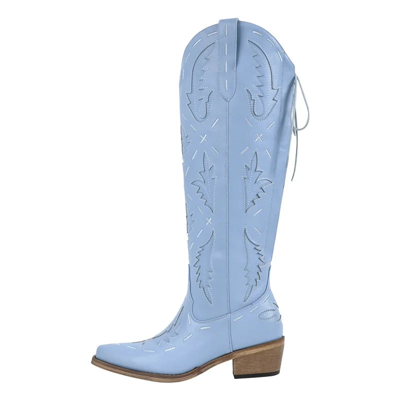 Onlymaker Women Cowgirl Boots Embroidery Lace-up Knee High Wide Calf Western Cowboy Boots