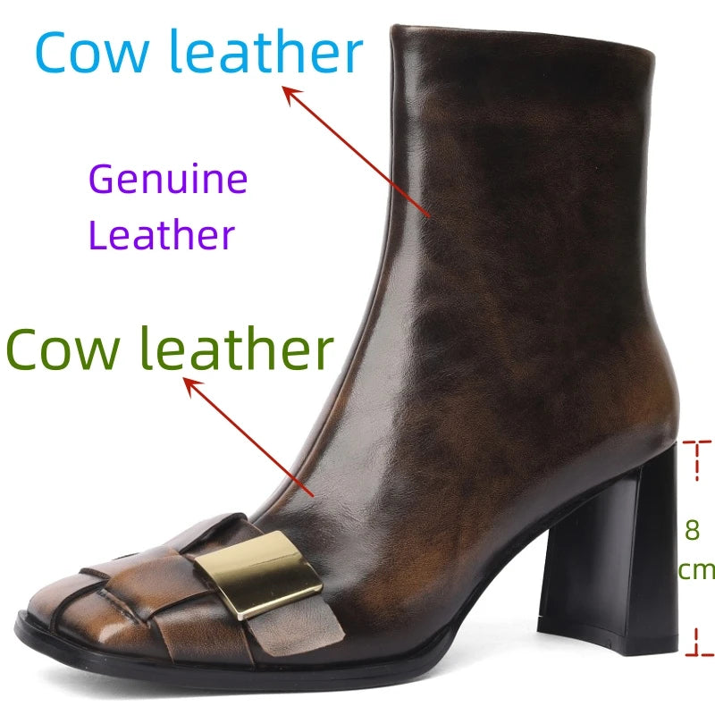New Brand Genuine Leather Metal Decor Woman Side Zipper Ankle Boots Chunky Heel Square Toe  Luxury Designer Shoes