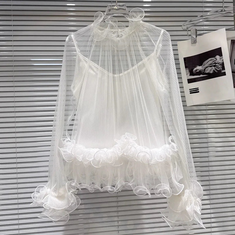 2026 Early Spring New French Style Elegant Ruched Lace Inner Camisole Chiffon Blouse For Women Versatile Shirt 1A2228